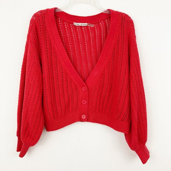 Alice + Olivia Winsor Deep V Slouchy Cardigan Size S Bright Poppy Cotton Wool - Picture 3 of 11